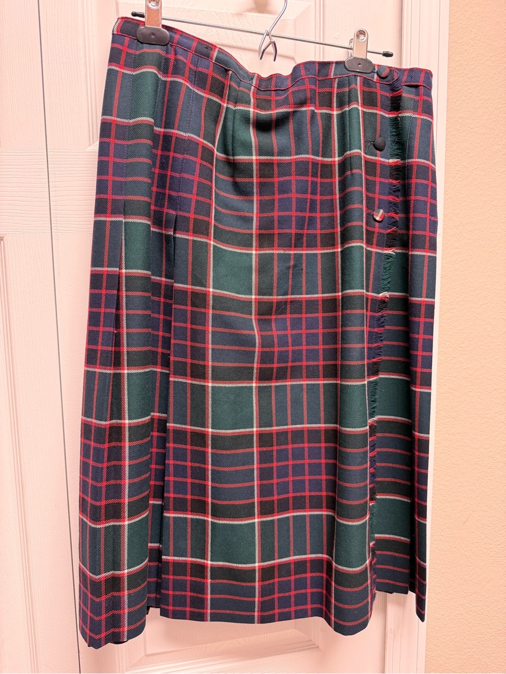 Scottish Tartan Wool Kilt Skirt Side Buttons - M\L - Red Green Blue